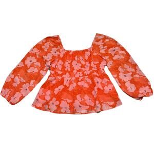 DR2 Melon colored Floral pattern gathered Poly Blouse Women's Size M, NWOT